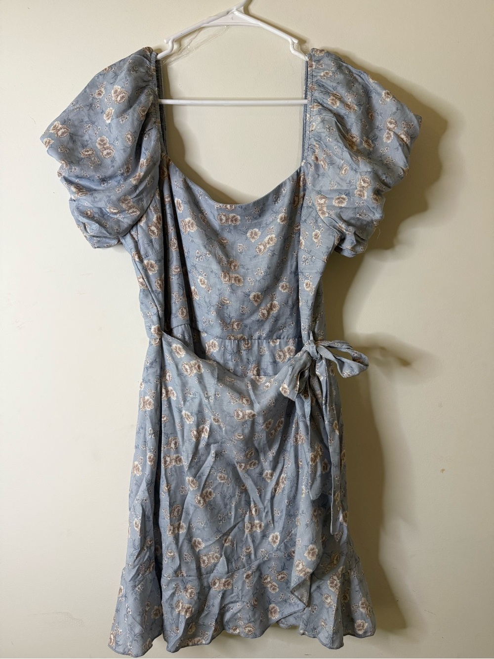 Trixxi Light Blue Floral Puff-Sleeve Wrap Mini Dress